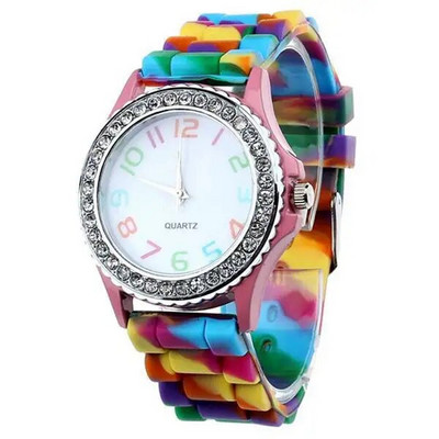 Mood naiste käekellad Luksuslik kamuflaaž teemantkvartskell Uus vikerkaare silikoonkleit naistele kellad tüdrukute kell Reloj