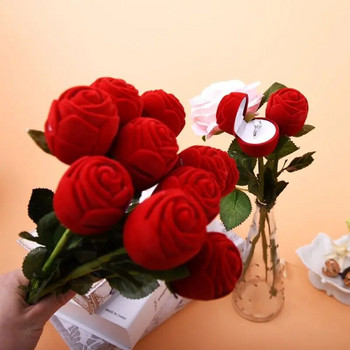 Velvet Rose Flower Ring Box Red Cteative Rose Earring Display Holder Кутии за подаръци Булчинска сватба Годеж Калъф за съхранение на бижута