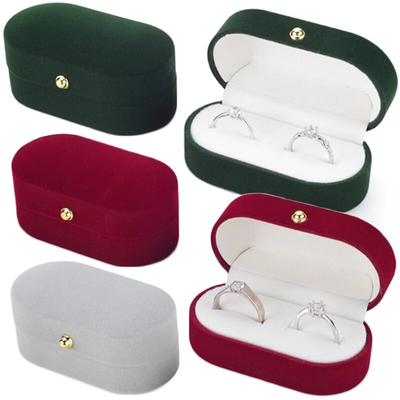 Catifea de lux, ovală, cutie de inele pentru cupluri, suport pentru cercei cu inel dublu, afișaj, nuntă, logodnă, cutii pentru inele pentru depozitare bijuterii