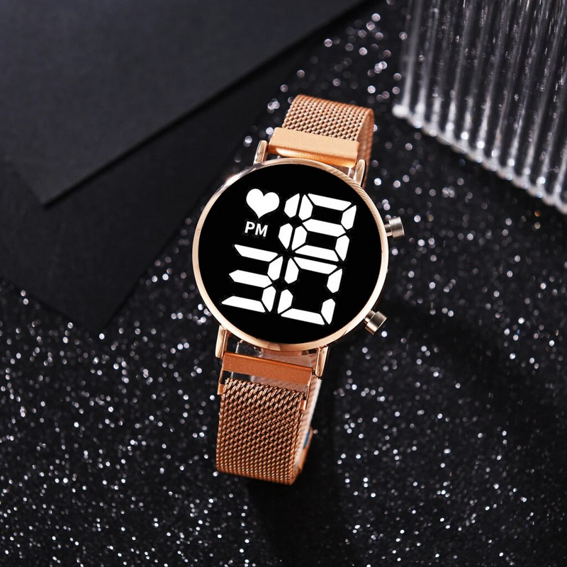 Luksuslikud digitaalsed naiste käekellad Roosa kullaga magnetvõrgust rihmaga naiste LED-kvartskell Naiste kell Relogio Feminino Dropshipping