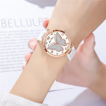 Γυναικεία ρολόγια μόδας White Butterfly Diamond Set Design Επώνυμα γυναικεία ρολόγια χειρός Quartz Simple Femme Leather Band Ρολόι
