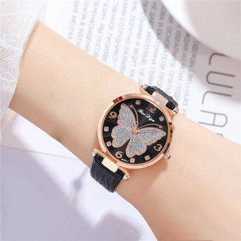 Дамски модни часовници с бяла пеперуда и диамант, дизайнерски часовници Марка дамски кварцов ръчен часовник Simple Femme часовник с кожена лента