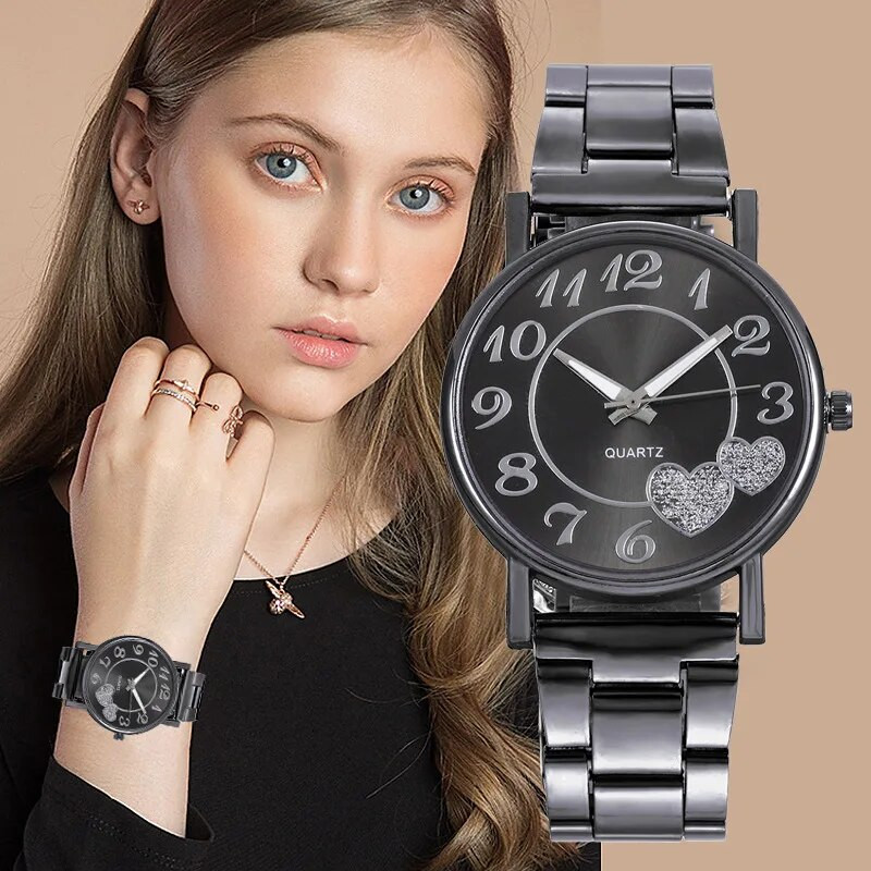 2023. aasta luksuslikud vabaajamood roostevabast terasest käekellad Armastus Heart Rhinestone Naistekell Must kvarts Naiste kingituskellad часы Reloj