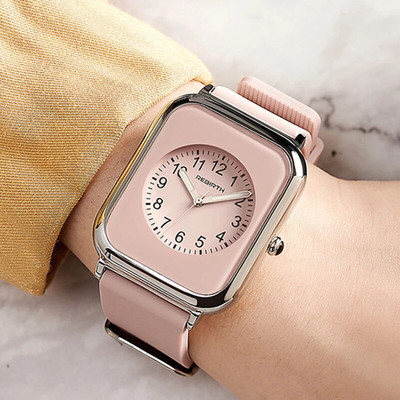 Квадрат REBIRTH Дамска гумена лента за часовник Ръчни часовници 2022 Розов за дамски ръчни часовници Кварцов relogio feminino Дамски квадратни