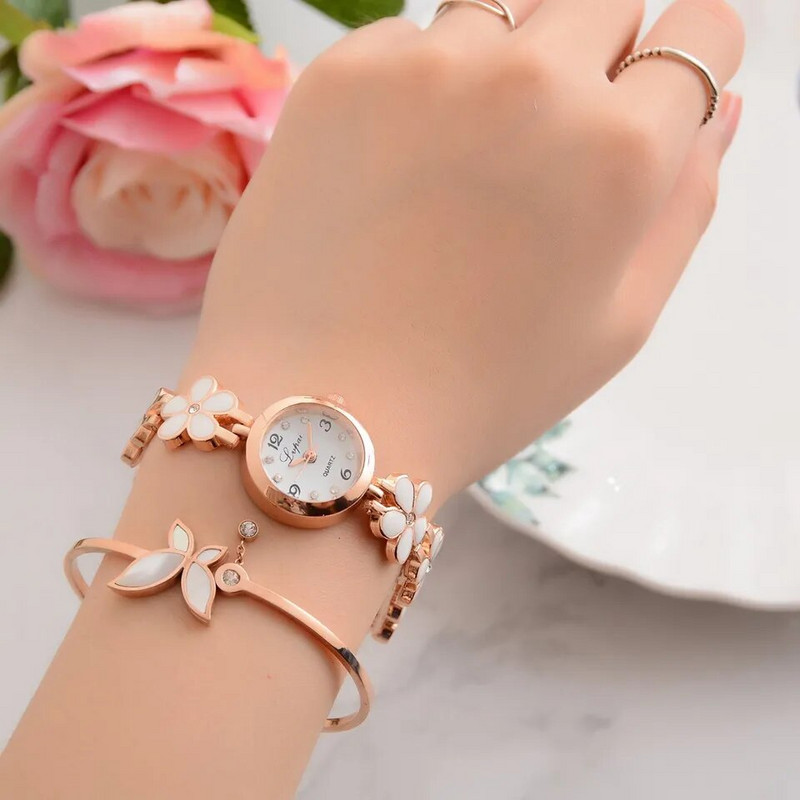 Επώνυμα ρολόγια LVPAI Γυναικεία μαργαρίτες λουλούδι Βραχιόλι χρυσό στρας Ρολόι καρπού κορίτσι φόρεμα Γυναικείο κλασικό ρολόι μόδας