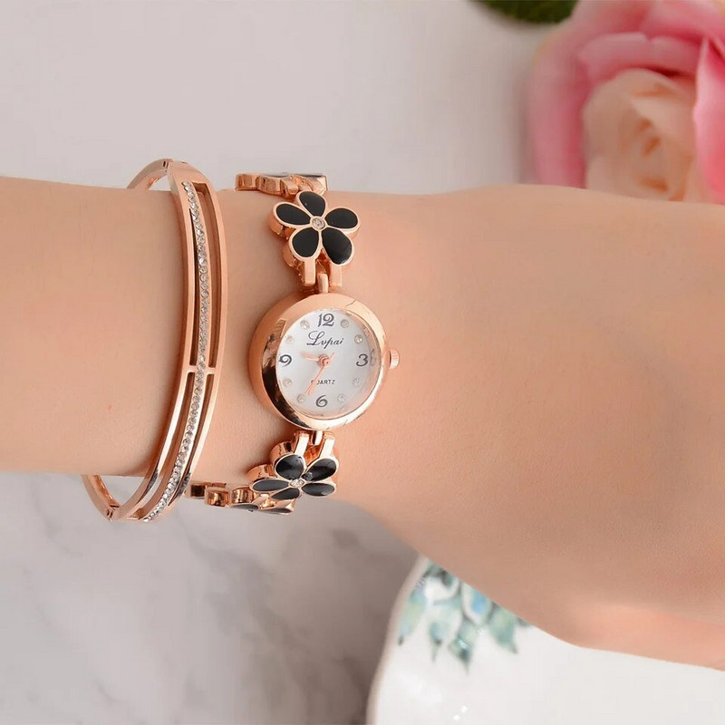 Επώνυμα ρολόγια LVPAI Γυναικεία μαργαρίτες λουλούδι Βραχιόλι χρυσό στρας Ρολόι καρπού κορίτσι φόρεμα Γυναικείο κλασικό ρολόι μόδας