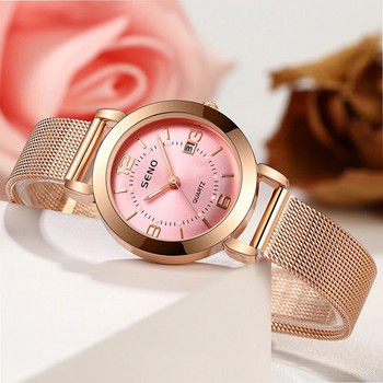 Модни луксозни дамски дамски часовници Seno, кварцов часовник с мрежеста лента и безплатен инструмент за регулиране на каишката
