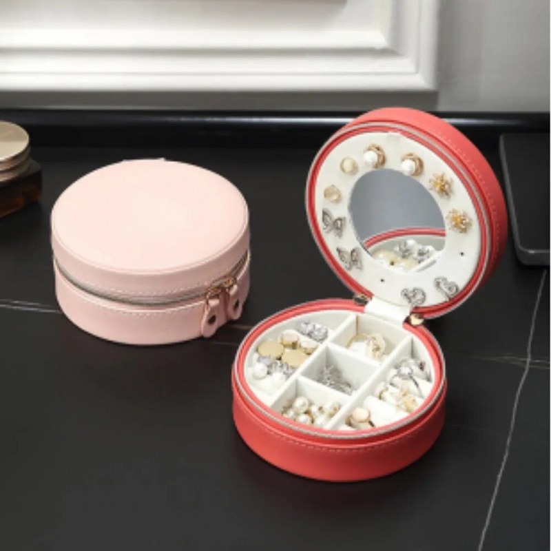 Μίνι φορητό ταξιδιωτικό κοσμηματοπωλείο με καθρέφτη για δαχτυλιδιά σκουλαρίκια Κολιέ Αποθήκευση Στρογγυλό PU Δερμάτινο κοσμηματοπωλείο Organizer Κιβώτιο προβολής