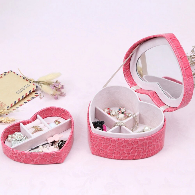 Uus südamekujulises ehtekarbis Sõrmus Kõrvarõngad Kaelakee Organisaator Kahekihiline krokodillitera PU-nahast kaasaskantav hoiukohver