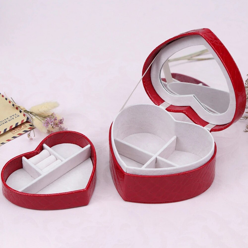 Uus südamekujulises ehtekarbis Sõrmus Kõrvarõngad Kaelakee Organisaator Kahekihiline krokodillitera PU-nahast kaasaskantav hoiukohver