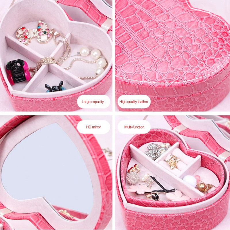 Uus südamekujulises ehtekarbis Sõrmus Kõrvarõngad Kaelakee Organisaator Kahekihiline krokodillitera PU-nahast kaasaskantav hoiukohver