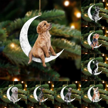 Κρεμαστό με καθρέφτη οπισθοπορείας αυτοκινήτου Χαριτωμένο teddy κουτάβι κρεμαστό στολίδι που κάθεται στο φεγγάρι Χριστουγεννιάτικο μενταγιόν σκύλου
