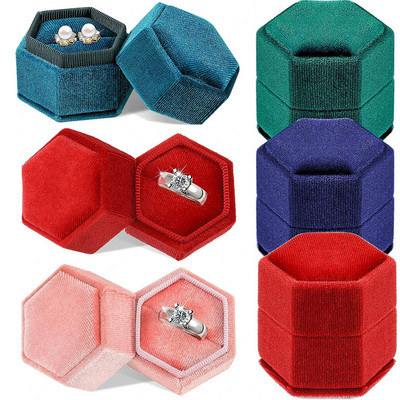 Шестоъгълна кутия за пръстени с подвижен капак за предложение Годежна сватбена церемония Кадифена ретро опаковка за подарък Мини кутия за бижута