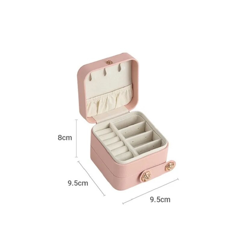 Kahekihiline reisikaasaskantav ehtekarp koos peegelkõrvarõngastega, sõrmustega kaelakee, PU-nahast nööbiga ehtekarp