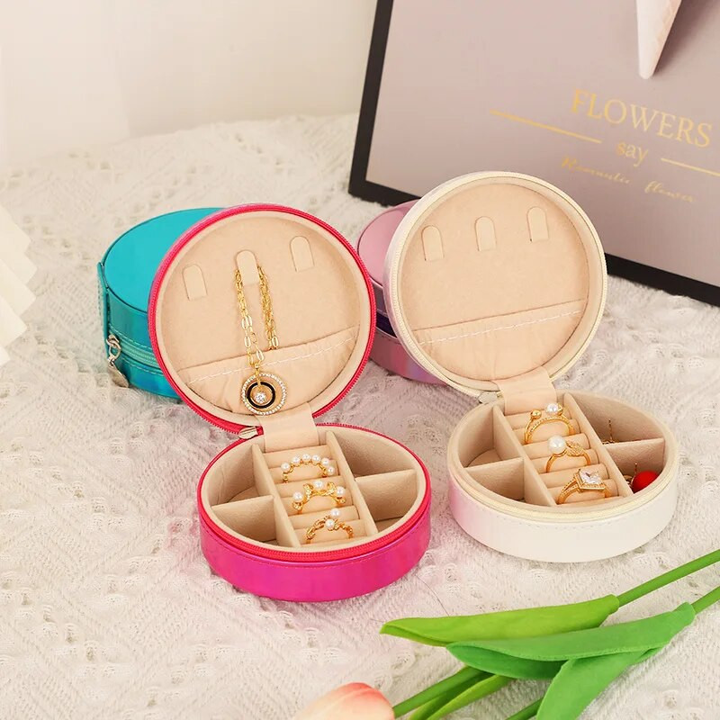 PU-nahast ehtekarp reisi kaasaskantav sõrmus kaelakee kõrvarõngad korraldaja Creative Mirror Gradient ümmargune ehete hoiukarp