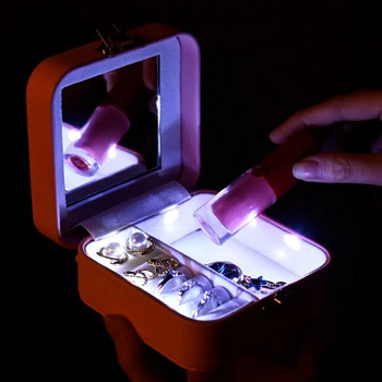 Нова LED светлина Кутия за бижута с огледало Флорална бродерия Пръстен за пътуване Обеци Колие Органайзер Калъф с капак Дисплей Калъф за съхранение