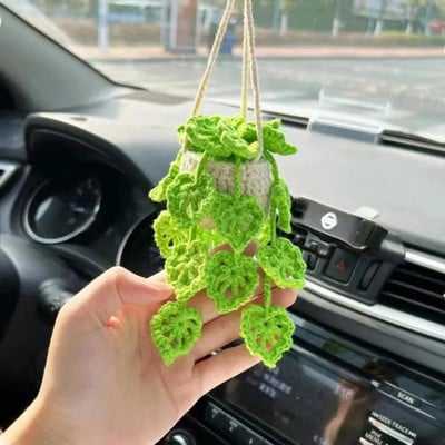 Accesoriu pentru agățat oglindă auto, tricotat manual, drăguț croșetat, plantă în ghiveci, vedere din spate, accesorii pentru interiorul mașinii