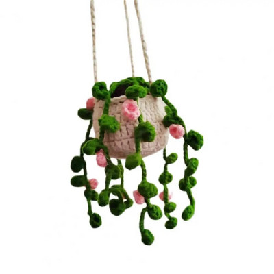 Κρεμαστό αξεσουάρ καθρέφτη αυτοκινήτου Χειροποίητο πλεκτό χαριτωμένο βελονάκι σε γλάστρα Φυτό πίσω όψης Διακοσμητικό εσωτερικό αξεσουάρ αυτοκινήτου