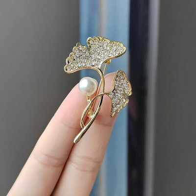 Broșă cu flori de modă pentru femei, frunze de ginkgo, perle pline cu strass, broșă, bijuterii, guler, bijuterii, cadou pentru fete