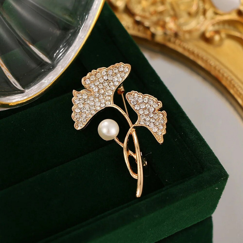 Broșă cu flori de modă pentru femei, frunze de ginkgo, perle pline cu strass, broșă, bijuterii, guler, bijuterii, cadou pentru fete