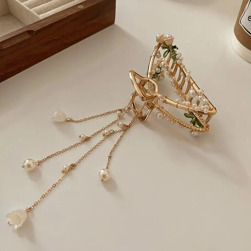 Pērļu imitācijas ziedu dekors, apburošs matu spīles sievietēm, meitenēm, liela izmēra zvana orhideja matu skavas, spīļu matu aksesuāri