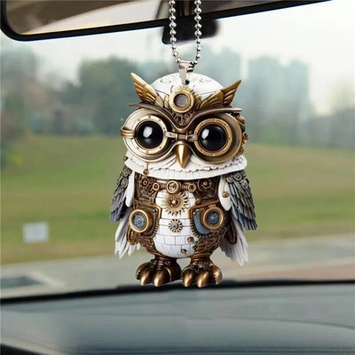 Uue auto tahavaatepeegli ripats Mehaaniline öökull auto riidepuu Naljakas auto interjööri tarvikud 2D akrüülist auto kaunistused rippuvad