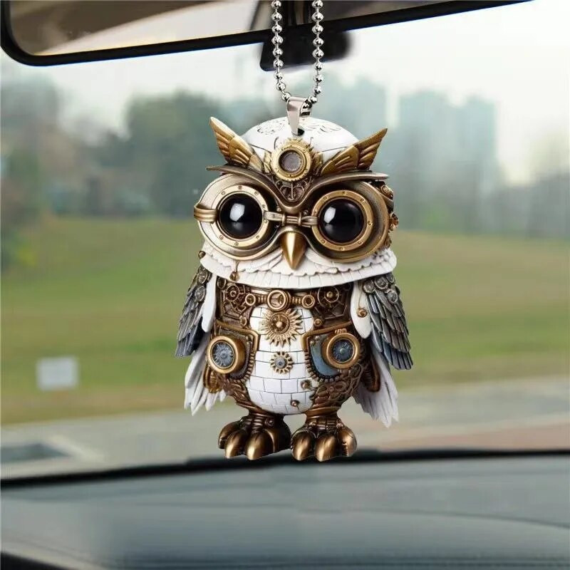 Uue auto tahavaatepeegli ripats Mehaaniline öökull auto riidepuu Naljakas auto interjööri tarvikud 2D akrüülist auto kaunistused rippuvad