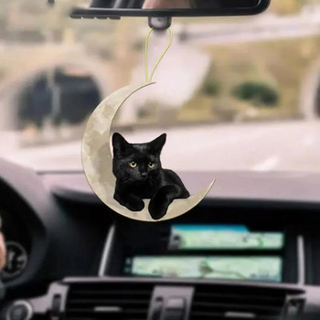 1τμχ Χαριτωμένη μικρή μαύρη γάτα ξαπλωμένη στο φεγγάρι Κρεμαστό στολίδι Cartoon Χαριτωμένο κρεμαστό τσάντα αυτοκινήτου Μπρελόκ Κρεμαστό στολίδια αυτοκινήτου