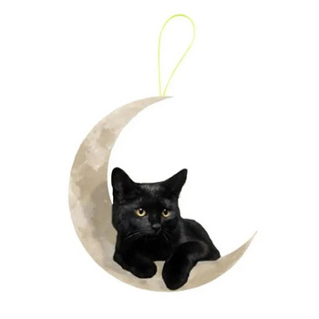 1 бр. Сладка малка черна котка, лежаща на луната, Висящ орнамент Карикатура Сладък висулка Чанта за кола Ключодържател Висулка Орнаменти за кола