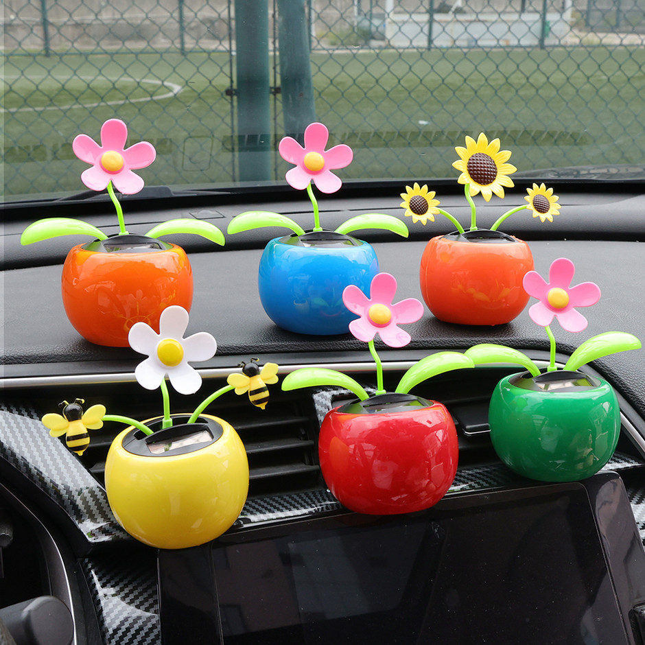 Ornament pentru mașină, cu energie solară, dans cu cap scuturând desene  animate, ghiveci cu flori de soare, decorare pentru tabloul de bord auto,  accesorii drăguțe pentru mașină 