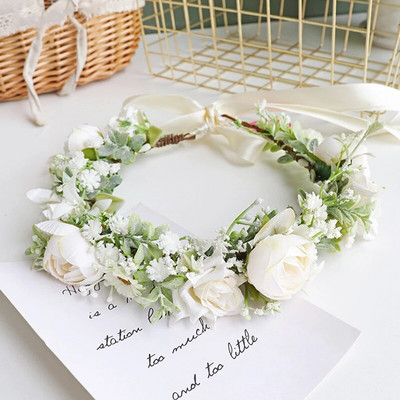 Στέμμα λουλουδιών Γιρλάντα νύφης με κορδέλα Χειροποίητο στεφάνι κεφαλής Αξεσουάρ για μαλλιά Fairy Tiaras Wedding