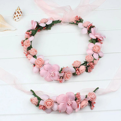 Στέμμα λουλουδιών Γιρλάντα νύφης με κορδέλα Χειροποίητο στεφάνι κεφαλής Αξεσουάρ για μαλλιά Fairy Tiaras Wedding