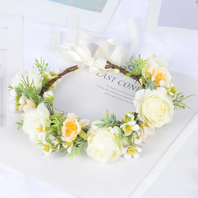 Στέμμα λουλουδιών Γιρλάντα νύφης με κορδέλα Χειροποίητο στεφάνι κεφαλής Αξεσουάρ για μαλλιά Fairy Tiaras Wedding