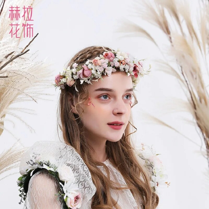 Στέμμα λουλουδιών Γιρλάντα νύφης με κορδέλα Χειροποίητο στεφάνι κεφαλής Αξεσουάρ για μαλλιά Fairy Tiaras Wedding
