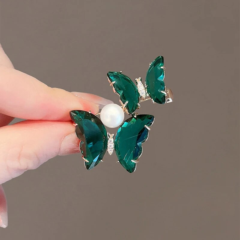 1 tk Mood, roheline kristall, topeltliblikas pross naiste ülikonnanõelaga ehe valge pärliga aksessuaaridega kingitus