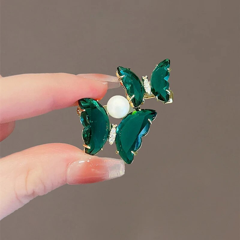 1 tk Mood, roheline kristall, topeltliblikas pross naiste ülikonnanõelaga ehe valge pärliga aksessuaaridega kingitus