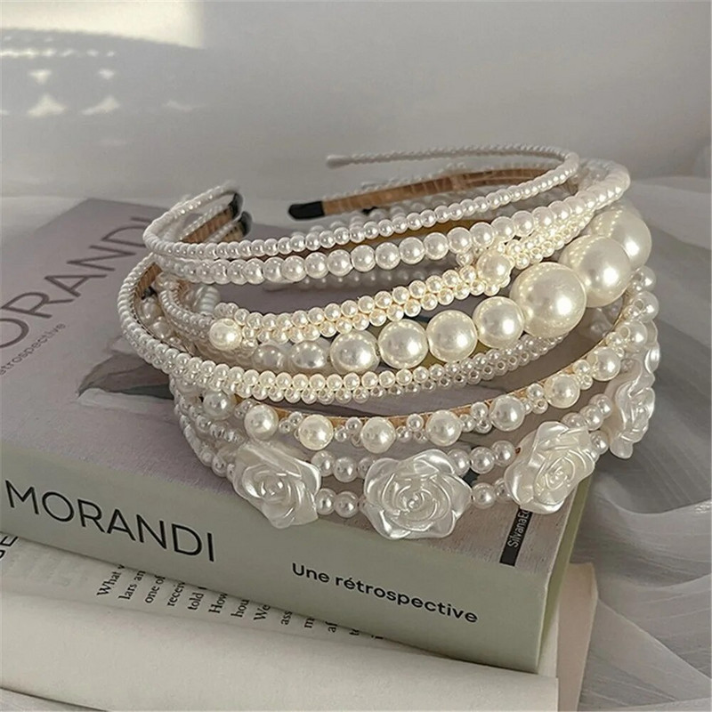 Elegantsed suured valge pärliga peapaelad naistele, tüdrukutele, käsitsi valmistatud lihtsad roosililled juuksepaelad Wave Retro juukserõngast peakatte aksessuaarid