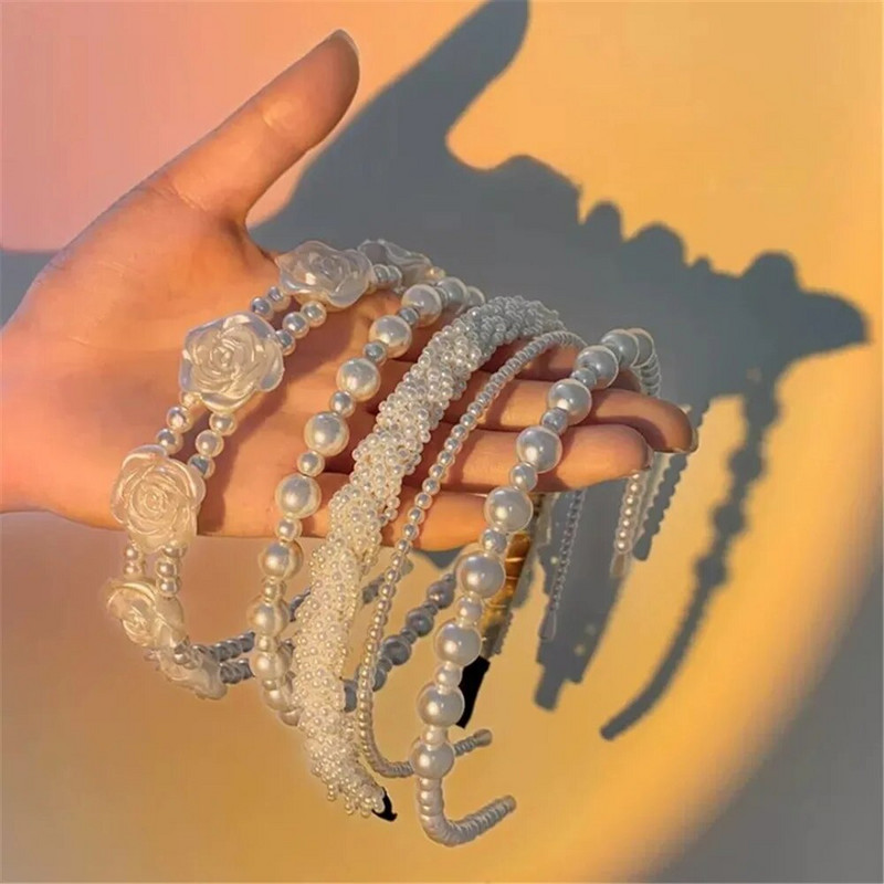 Elegantsed suured valge pärliga peapaelad naistele, tüdrukutele, käsitsi valmistatud lihtsad roosililled juuksepaelad Wave Retro juukserõngast peakatte aksessuaarid