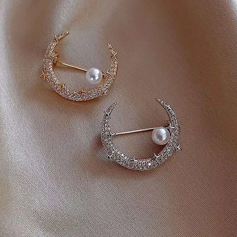 Nauji 1 vnt mados dizaino blykstės Kalnų krištolo mėnulio imitacija perlų sagė madingi temperamento drabužių priedai