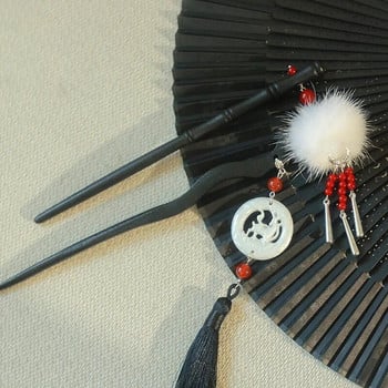 1 бр. Винтидж дървена пръчица за коса в китайски стил с висулка с топка за косми Щипки за коса във формата на пръчици Дамски шапки Аксесоари за коса