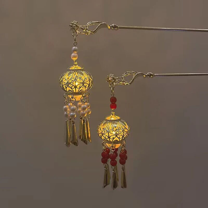 Čínsky palácový lampión, sponky do vlasov, zlaté kovové vlasové tyčinky, vidličky so svetlom, dámske prívesky na šaty Hanfu