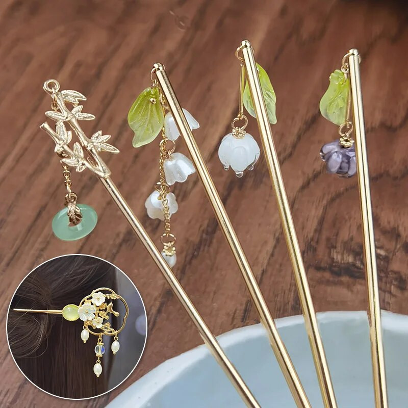 Vintage hiina stiilis pikad tutiga juuksenõelad Hanfu peakate Naiste lilled samm raputus Juuksepulgad Juukseehted Juuksepulgad Ehted