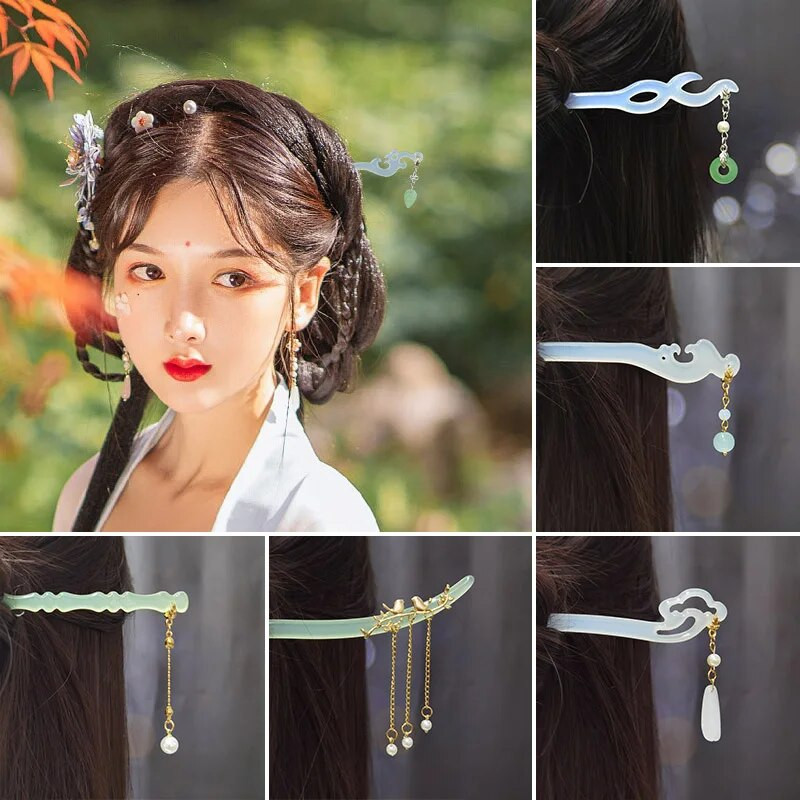 Vintažinio kiniško stiliaus plaukų šakutės plaukų segtukai segtukai acetato plaukų lazdelės perlai karoliukai kutai Step Shake kinų vestuvių papuošalai plaukams