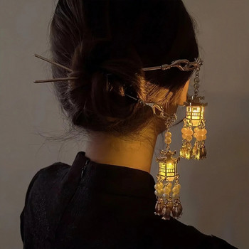 Китайски заешки фенер Щипки за коса Щипки за коса LED светлина Аксесоари за коса за жени Деца Ретро лотосови цветя Пискюли за глава