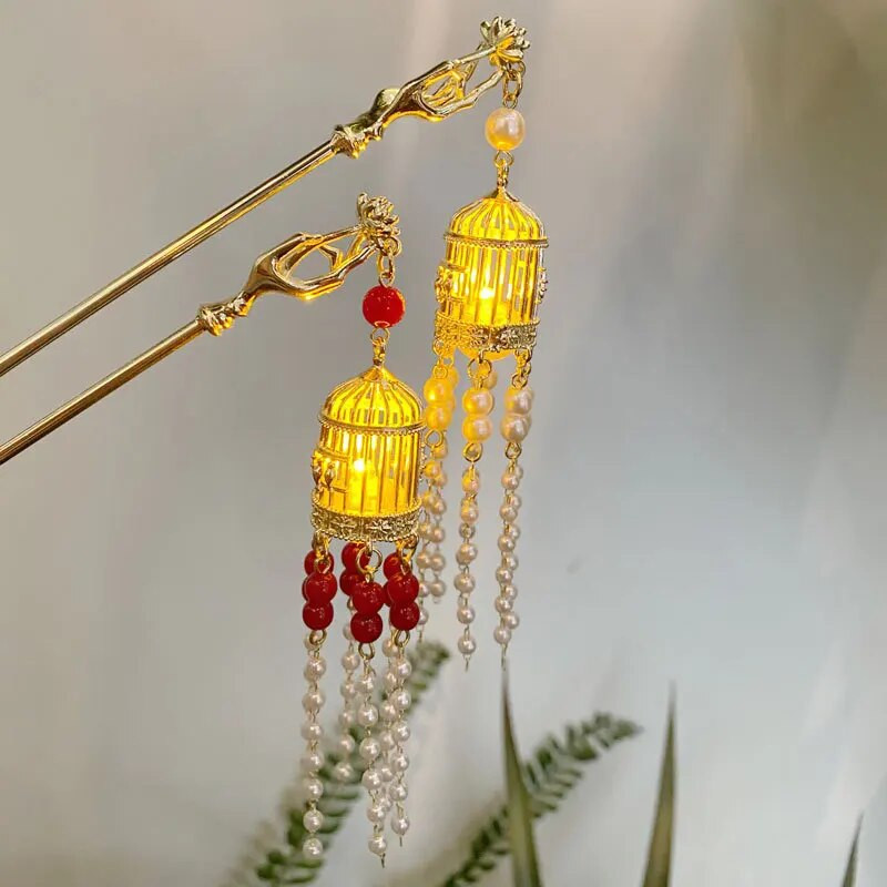 Kinijos triušio žibinto plaukų segtukai plaukų lazdelės LED šviesūs plaukų aksesuarai moterims vaikams Retro lotoso gėlių kutų galvos apdangalai