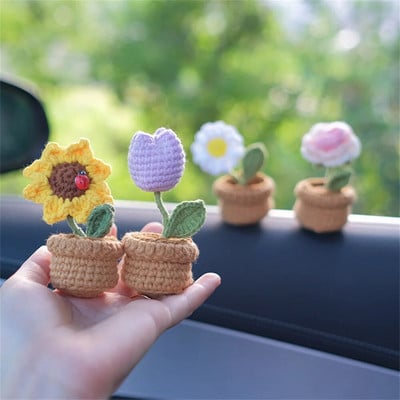 Mini ornamente florale pentru mașină în ghiveci țesute manual, împletitură, floarea soarelui, lalea, consolă centrală automată, pandantiv cu flori, decorare interioară a mașinii