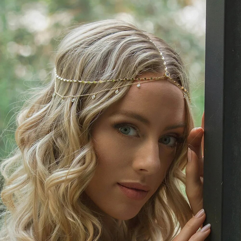 „Stonefans“ mada „Boho“ krištolinė galvos grandinėlė Vestuviniai plaukų aksesuarai Elegantiški galvos apdangalai „Bling“ nuotakos kaktos grandinėlė Indijos papuošalai