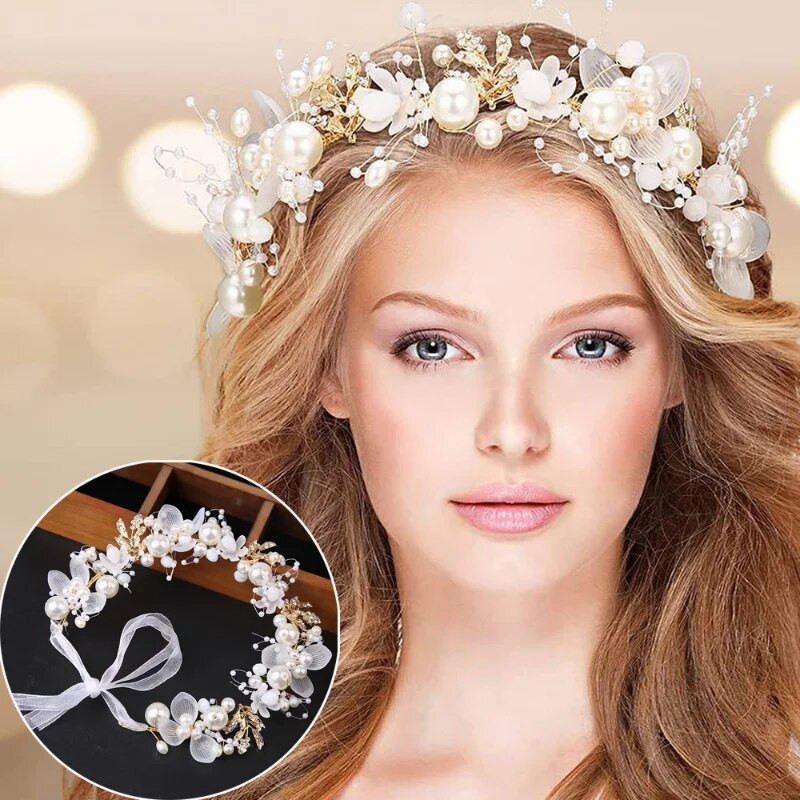 Eleganta līgavu imitācijas pērļu galvassegas matu lente kāzu ziedu puķu pērļu matu gredzens salds romantisks meitenēm matu rotaslietas galvas saite