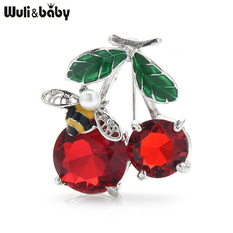 Wuli&baby Red Crystal Cherry prossid naistele Klassikalised emailiga puuviljad Pulmad vabaaja kontoris prossinõelad Kingitused