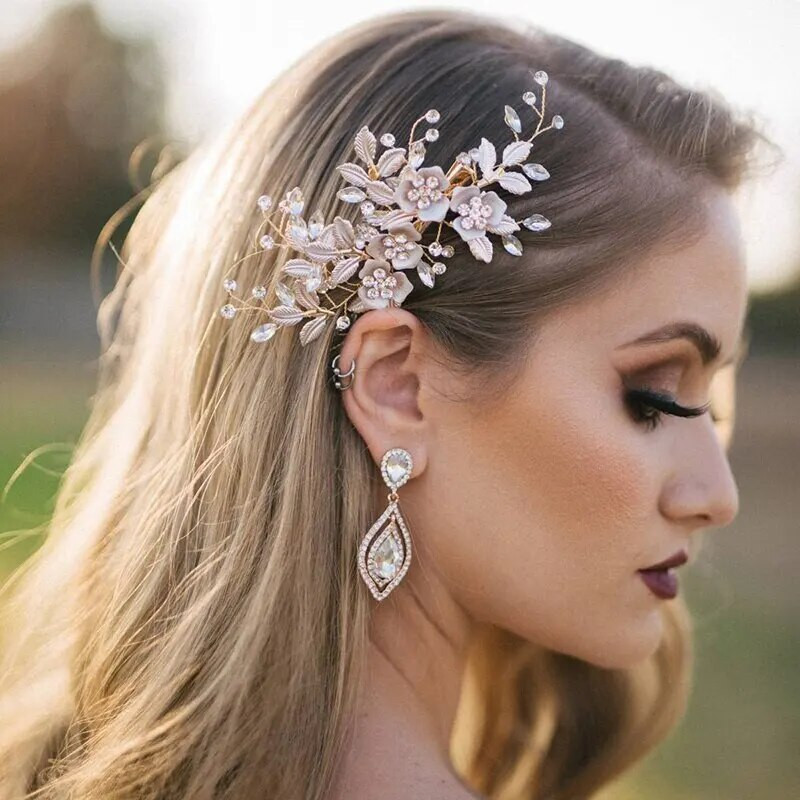 La modă tiara lucrată manual pieptene de păr pentru nuntă, frunze, flori, ace de păr de mireasă, perle, strasuri, bijuterii pentru cap, accesorii de păr pentru nunta pentru fete